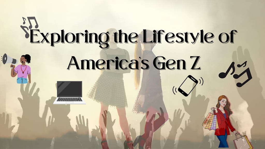 The theme image for the blog post "Exploring The Lifestyle Of America's Gen Z" captures the essence of the Gen Z lifestyle in America. It is a visual representation of the diversity and dynamism of this generation. The image features a vibrant and energetic scene, showcasing young individuals engaged in various activities that define their lifestyle.  In the foreground, you can see Gen Z individuals participating in activities such as outdoor sports, music festivals, shopping, and social gatherings. They are dressed in contemporary fashion that reflects their unique style and individuality.
