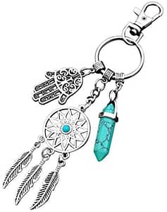 Dreamcatcher Keychain Keyring Hipster Gifts Silver Toned Key Chain Blue Turquoise Gemstone and Hamsa Hand Charm Keyring (Dreamcatcher Keychain with Blue Turquoise)
