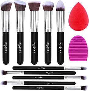 BEAKEY Makeup Brush Set Premium Synthetic Foundation Face Powder Blush Eyeshadow Kabuki Brush Kit, Makeup Brushes with Makeup Sponge and Brush Cleaner (10+2pcs, Black/Silver)