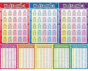 8 Pieces Learning Education Sight Words and Word Families Posters Decoration Word Wall Charts Learning Materials for Preschool Kindergarten PrimaryÂ School Homeschool Supplies