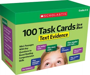 Scholastic Teaching Resources (Teaching Strategies) 100 Task Cards in a Box: Text Evidence: Mini-Passages with Key Questions to Boost Reading Comprehension Skills