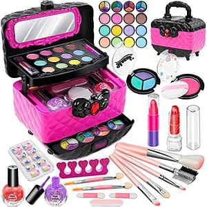44 Pcs Kids Makeup Kit for Girls, Real Play Make Up Set Toys for 3 4 5 6 7 8 9 10 Years Old Girls, Washable Pretend Dress Up Beauty Set with Cosmetic Case, for Little Girl