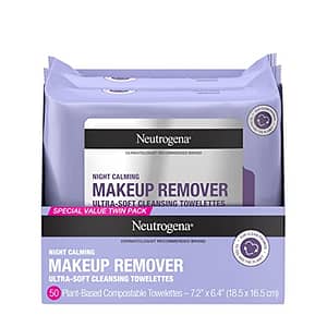Neutrogena Makeup Remover Night Calming Cleansing Towelettes, Disposable Nighttime Face Wipes to Remove Dirt, Oil & Makeup, 25 ct, Twin Pack