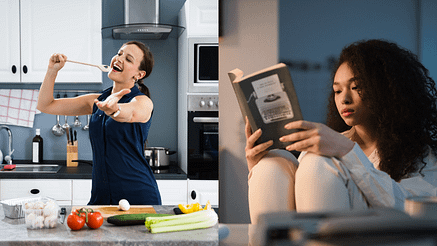 Image of a woman clowning singing while cooking, and another relaxing enjoying reading a book. Things women love to do.