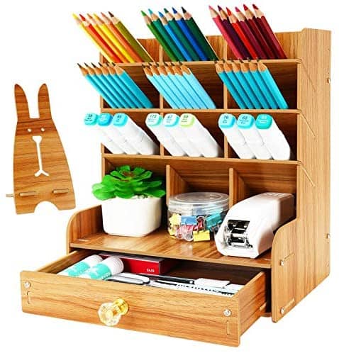 Wellerly Wooden Pen Holder Desk Organizer with Drawer & Cute Phone Holder - 12 Compartments - Multi-Functional DIY Desktop Pencil Organization Stationary Caddy Box - Easy Assembly - Home Office School Supply - Cherry Color
