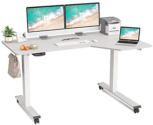FEZIBO L-Shaped Electric Standing Desk, 55 Inch Height Adjustable Stand up Table, Sit Stand Desk with Splice Board, White Frame/White Top