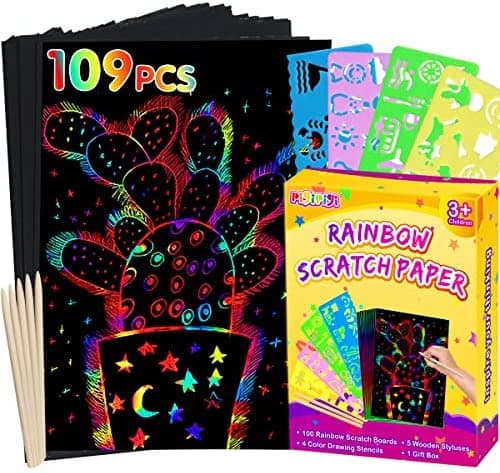 pigipigi Rainbow Scratch Paper Art - 109 Pcs Magic Scratch Off Craft Kit for Kids Color Drawing Note Pad Supply for Children Girls Boys DIY Party Favor Game Activity Birthday Christmas Toy Gift Set