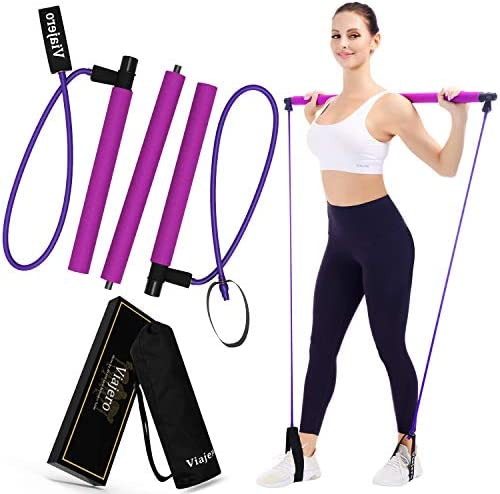 Viajero 2022 Pilates Bar Kit for Portable Home Gym Workout - 2 Latex Exercise Resistance Band - 3-Section Sticks - All-in-one strength weights Equipment for Body fitness Squat Yoga with E-Book & Video