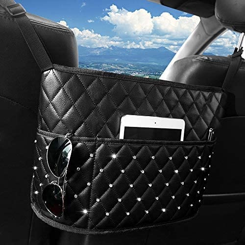 ShauBaby Premium Purse Holder for Car Large Capacity Car Net Pocket Handbag Holder Leather Bling Car Purse Holder Between Seats, Birthday Valentines Day Gifts for Her Wife Girlfriend Mom(Diamond - Black)