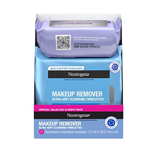 Neutrogena Day & Night Wipes with Makeup Remover Face Cleansing Towelettes & Night Calming Facial Cloths, Alcohol-Free Wipes to Remove Dirt, Oil & Waterproof Mascara, 3 Packs of 25 ct, 75 ct