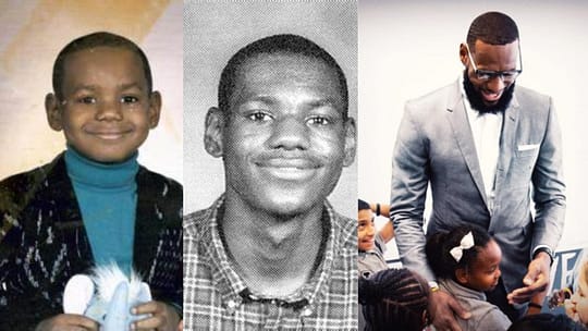 Images of LeBron from a child to teenager, to now.