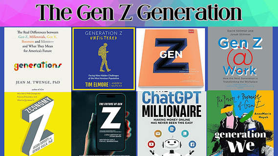 This image highlights a collection of books and videos about Gen Z.
