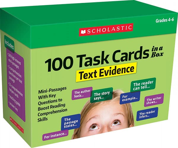 Scholastic Teaching Resources (Teaching Strategies) 100 Task Cards in a Box: Text Evidence: Mini-Passages with Key Questions to Boost Reading Comprehension Skills